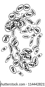 Randomly Fall Bitcoins. Bitcoin Icon Abstract Background. Cryptocurrency Background. Digital Payment money.  Jackpot or Prize Concept.
 Blockchain technology Coin. Black and White Vector Illustration.