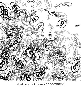Randomly Fall Bitcoins. Bitcoin Icon Abstract Background. Cryptocurrency Background. Digital Payment money.  Prize or Jackpot Concept.
 Blockchain technology Coin. Black and White Vector Illustration.