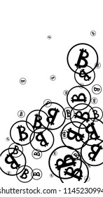 Randomly Fall Bitcoins. Bitcoin Icon Abstract Background. Digital Payment money. Cryptocurrency Background. Prize or Jackpot Concept.
 Blockchain technology Coin. Black and White Vector Illustration.