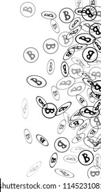 Randomly Fall Bitcoins. Bitcoin Icon Abstract Background. Digital Payment money. Cryptocurrency Background. Prize or Jackpot Concept.
 Blockchain technology Coin. Black and White Vector Illustration.