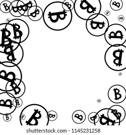 Randomly Fall Bitcoins. Bitcoin Icon Abstract Background. Cryptocurrency Background. Digital Payment money.  Prize or Jackpot Concept.
 Blockchain technology Coin. Black and White Vector Illustration.
