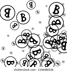 Randomly Fall Bitcoins. Bitcoin Icon Abstract Background. Cryptocurrency Background. Digital Payment money.  Prize or Jackpot Concept.
 Black and White Vector Illustration. Blockchain technology Coin.