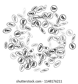 Randomly Fall Bitcoins. Bitcoin Icon Abstract Background. Digital Payment money. Cryptocurrency Background. Jackpot or Prize Concept.
 Blockchain technology Coin. Black and White Vector Illustration.