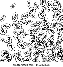 Randomly Fall Bitcoins. Bitcoin Icon Abstract Background. Cryptocurrency Background. Digital Payment money.  Prize or Jackpot Concept.
 Blockchain technology Coin. Black and White Vector Illustration.