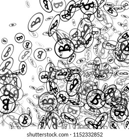 Randomly Fall Bitcoins. Bitcoin Icon Abstract Background. Digital Payment money. Cryptocurrency Background. Jackpot or Prize Concept.
 Black and White Vector Illustration. Blockchain technology Coin.