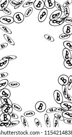 Randomly Fall Bitcoins. Bitcoin Icon Abstract Background. Digital Payment money. Cryptocurrency Background. Jackpot or Prize Concept.
 Blockchain technology Coin. Black and White Vector Illustration.