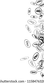 Randomly Fall Bitcoins. Bitcoin Icon Abstract Background. Digital Payment money. Cryptocurrency Background. Jackpot or Prize Concept.
 Blockchain technology Coin. Black and White Vector Illustration.