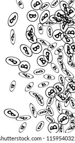 Randomly Fall Bitcoins. Bitcoin Icon Abstract Background. Digital Payment money. Cryptocurrency Background. Prize or Jackpot Concept.
 Blockchain technology Coin. Black and White Vector Illustration.