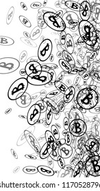 Randomly Fall Bitcoins. Bitcoin Icon Abstract Background. Cryptocurrency Background. Digital Payment money.  Jackpot or Prize Concept.
 Blockchain technology Coin. Black and White Vector Illustration.