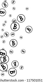 Randomly Fall Bitcoins. Bitcoin Icon Abstract Background. Cryptocurrency Background. Digital Payment money.  Jackpot or Prize Concept.
 Blockchain technology Coin. Black and White Vector Illustration.