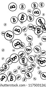 Randomly Fall Bitcoins. Bitcoin Icon Abstract Background. Cryptocurrency Background. Digital Payment money.  Jackpot or Prize Concept.
 Black and White Vector Illustration. Blockchain technology Coin.