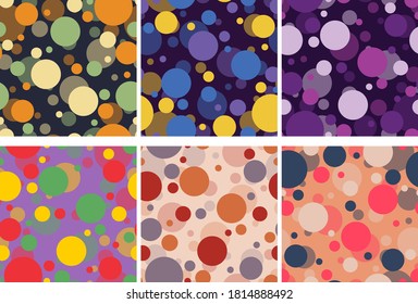 randomly located overlapping multi-colored circles of different sizes. vector set of the same type of seamless textures in six colors.


