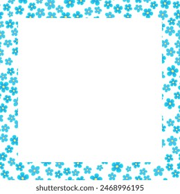 Randomly many small blue flowers on white background. Design element with flowers. Cute forget-me-not flower frame. Rustic style printable home decor. Vector illustration for cards and other projects