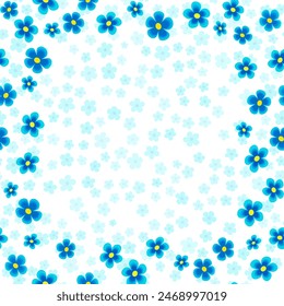 Randomly many small blue flowers on white background. Design element with flowers. Cute forget-me-not flower frame. Rustic style printable home decor. Vector illustration for cards and other projects