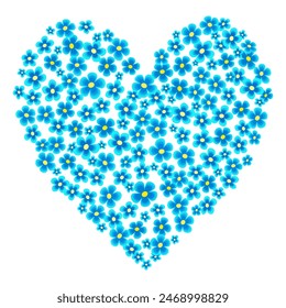 Zufällig viele kleine blaue Blüten auf weißem Hintergrund. Designelement mit Herz. Nettes Vergissmeinnicht-Blumendekor. Rustikaler Stil druckbare Wohnkultur. Vektorillustration für Kartenzahlungen und andere Projekte