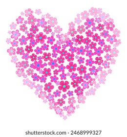 Al azar muchas Pequeñas flores rosas sobre fondo blanco. Elemento de diseño con corazón. Corazón de gradiente rosa. Cute flor estilo rústico imprimible decoración del hogar. Ilustración vectorial para tarjetas y otros proyectos