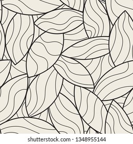 Randomly overlapping leaf mosaic vector background. Leaves with undulated lines grid. Monochrome seamless pattern.