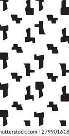 Randomly placed black blocky silhouettes, unconventional geometric forms, modern art texture.