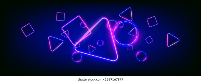 Randomly places neon glowing shapes circle, square, triangle. Popular game symbols. Wide gaming background.