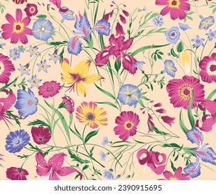 Randomly scattered botanical patterns, lilies, daisies, and iris flowers. Seamless vector pattern. Printing in a hand-drawn style on a colored background.