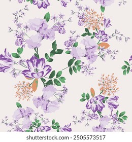 Randomly scattered botanical patterns, lilies, magnolia, and wildflowers. Seamless vector pattern. watercolor style on a beige color background.