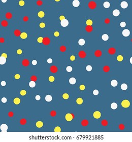 Randomly scattered bright circles. Round confetti. Festive seamless pattern. White, yellow, red, blue color. Vector illustration.