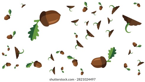 randomly scattered brown acorns with fresh green oak leaves on a white background creating a seamless natural pattern