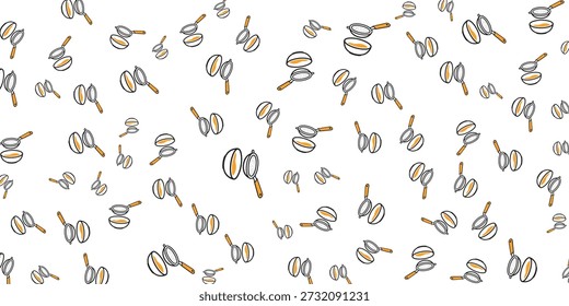 Randomly scattered cartoon illustrations of coffee beans and small spoons form a repetitive, lighthearted pattern on a white background, suitable for various design applications.