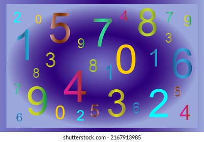 Randomly scattered colorful numbers from 0 to 9 on a blue gradient background