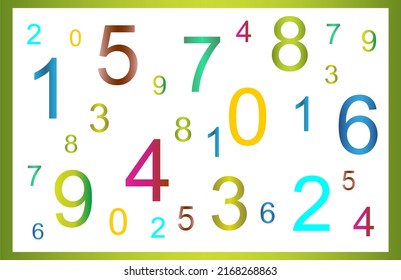 Randomly scattered colorful numbers from 0 to 9 on a white background