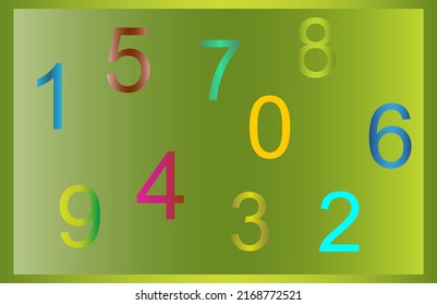 Randomly scattered colorful numbers from 0 to 9 on a green background