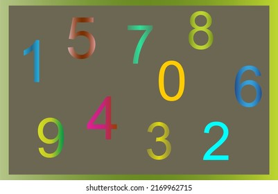 Randomly scattered colorful numbers from 0 to 9 on a dark background