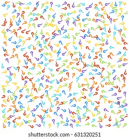 Randomly scattered colorful question marks on white background. Vector illustration.