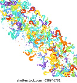  Randomly scattered colorful question marks on white background. Multicolor question marks with colorful strokes. Vector illustration. 