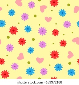 Randomly scattered flowers, hearts, dots. Cartoon seamless pattern. Color vector illustration. Yellow, green, pink, purple, red, blue.