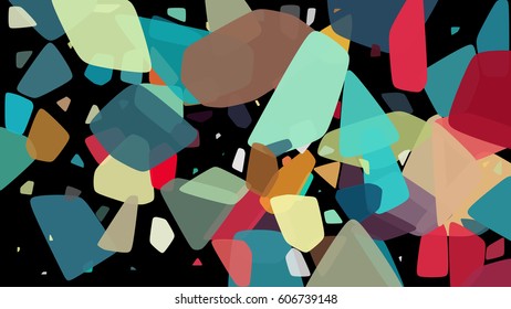 Randomly scattered geometric shapes of different sizes, colors and transparency. Abstract background consisting of randomly arranged elements