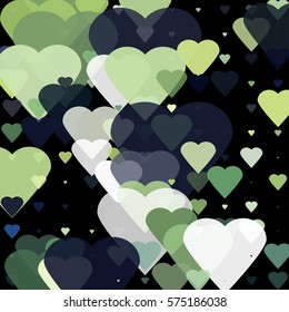 Randomly scattered geometric shapes in a form of heart of different sizes, colors and transparency. Abstract background consisting of randomly arranged elements