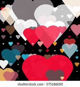 Randomly scattered geometric shapes in a form of heart of different sizes, colors and transparency. Abstract background consisting of randomly arranged elements