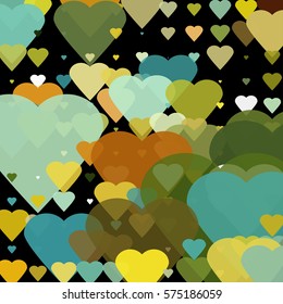 Randomly scattered geometric shapes in a form of heart of different sizes, colors and transparency. Abstract background consisting of randomly arranged elements