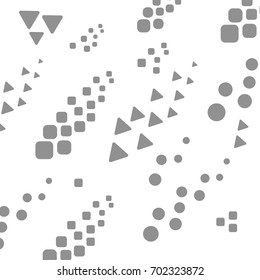 Randomly scattered grey circles, triangles, squares on white background. Vector illustration.