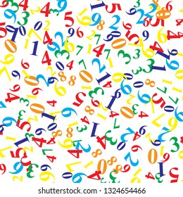 Randomly scattered numbers of different colors and sizes on a white background.