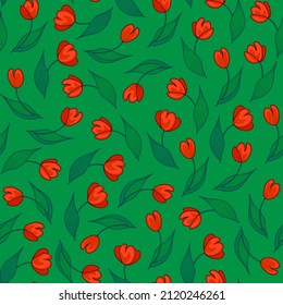 Randomly scattered red tulips on a green background. Seamless pattern vintage. trend print for textiles and wallpaper. 
