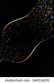Randomly scattered small circles on a black background. Different size, bright colors. Place for text. Template for the design of banners, business cards, flyers. Vector illustration