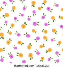 Randomly scattered small flowers with leaves. Colored floral seamless pattern. Cute vector illustration.