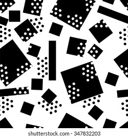 randomly seamless pattern of circles and squares in Memphis style. Black vector elements on a white background.