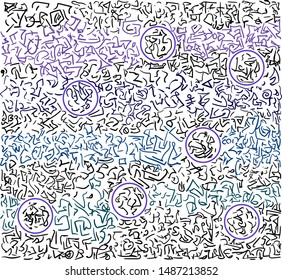 Randomly spaced lines. There are circles in a common heap of small objects.
