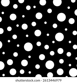 Randomly white polka dots of different sizes are scattered on a black background. white dots on black, abstract black and white background. Seamless vector pattern