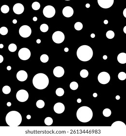 Randomly white polka dots of different sizes are scattered on a black background. white dots on black, abstract black and white background. Seamless vector pattern