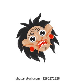 Rangda mask with black hair, sharp teeth and large canines. Balinese demon. Mythological creature. Flat vector icon