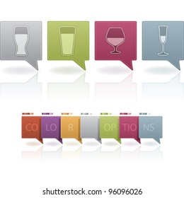 A Range of alcohol glasses icons from left to right:  beer glass, beer glass, cognac glass, white wine glass.